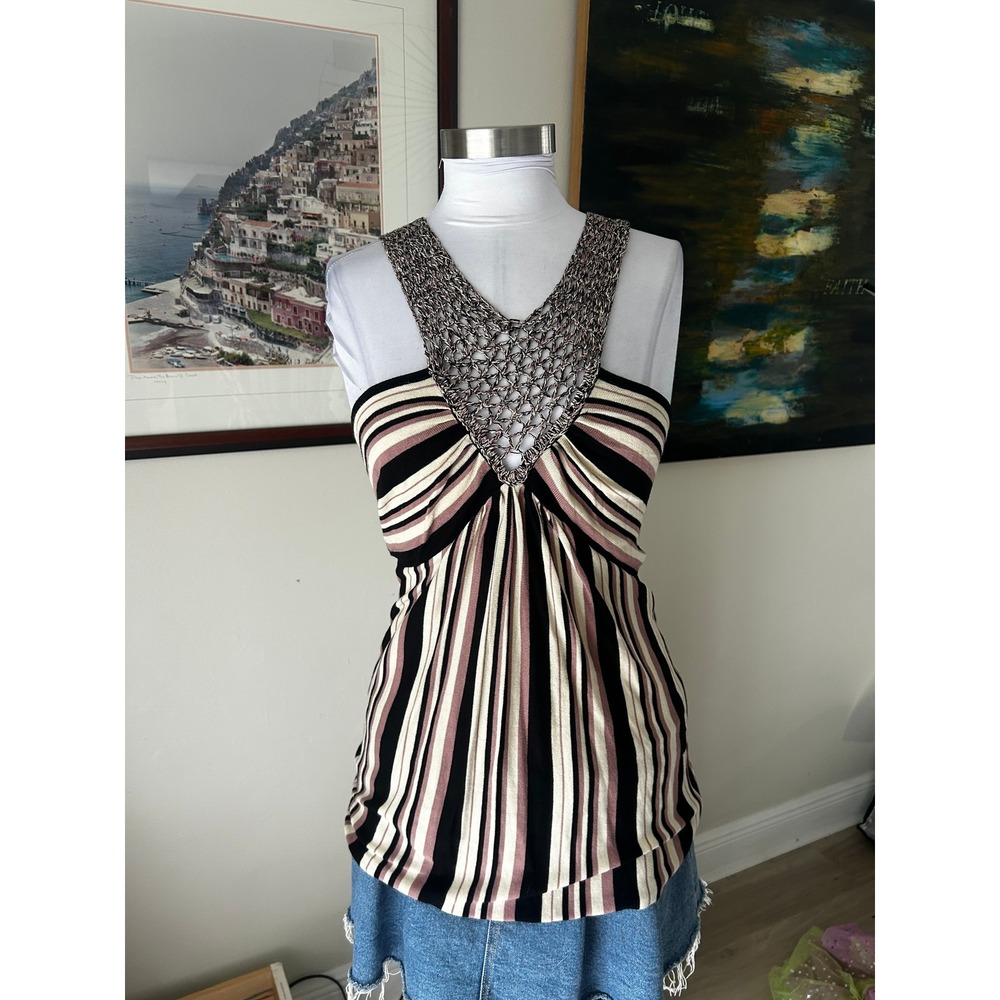 Boston Proper Y2K Halter Top Large Multi-Color Striped Crochet Neckline